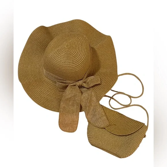 Elegant Tan Sun Hat with Bow Detail and Matching Bag - Picture 2 of 6